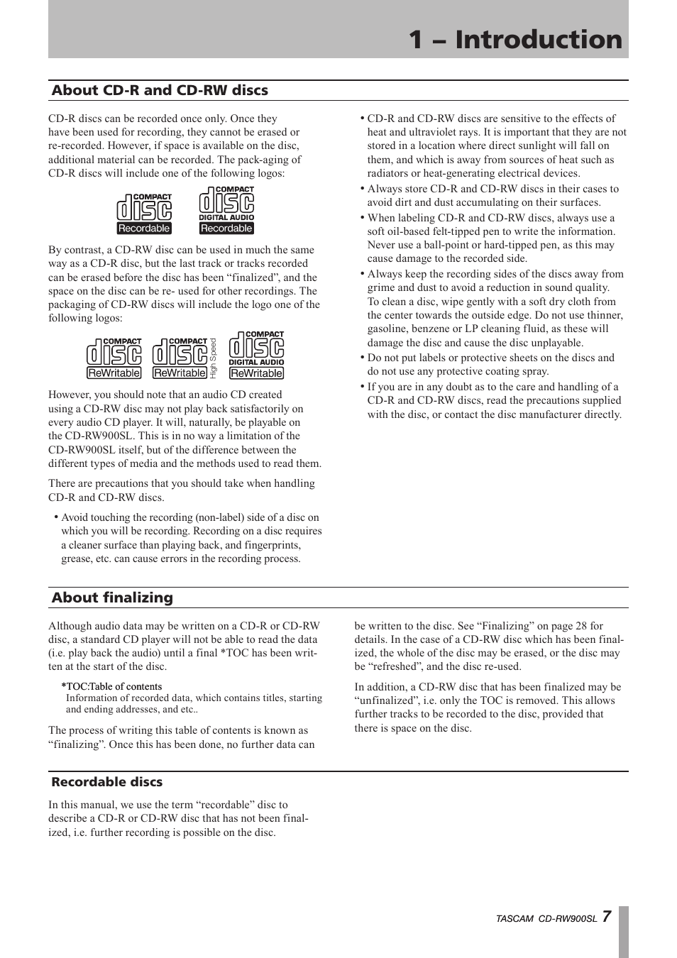 About cd-r and cd-rw discs, About finalizing, Recordable discs | 1 − introduction, Important safety instructions | Paso Sound PCDRW900SL User Manual | Page 7 / 36