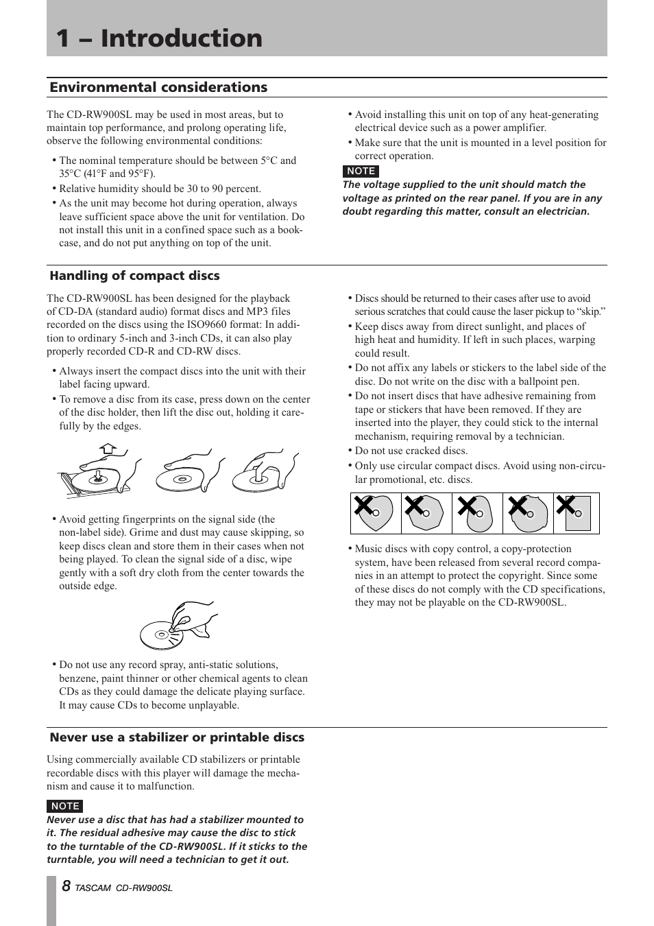 Environmental considerations, Handling of compact discs, Never use a stabilizer or printable discs | 1 − introduction, Important safety precautions | Paso Sound PCDRW900SL User Manual | Page 8 / 36