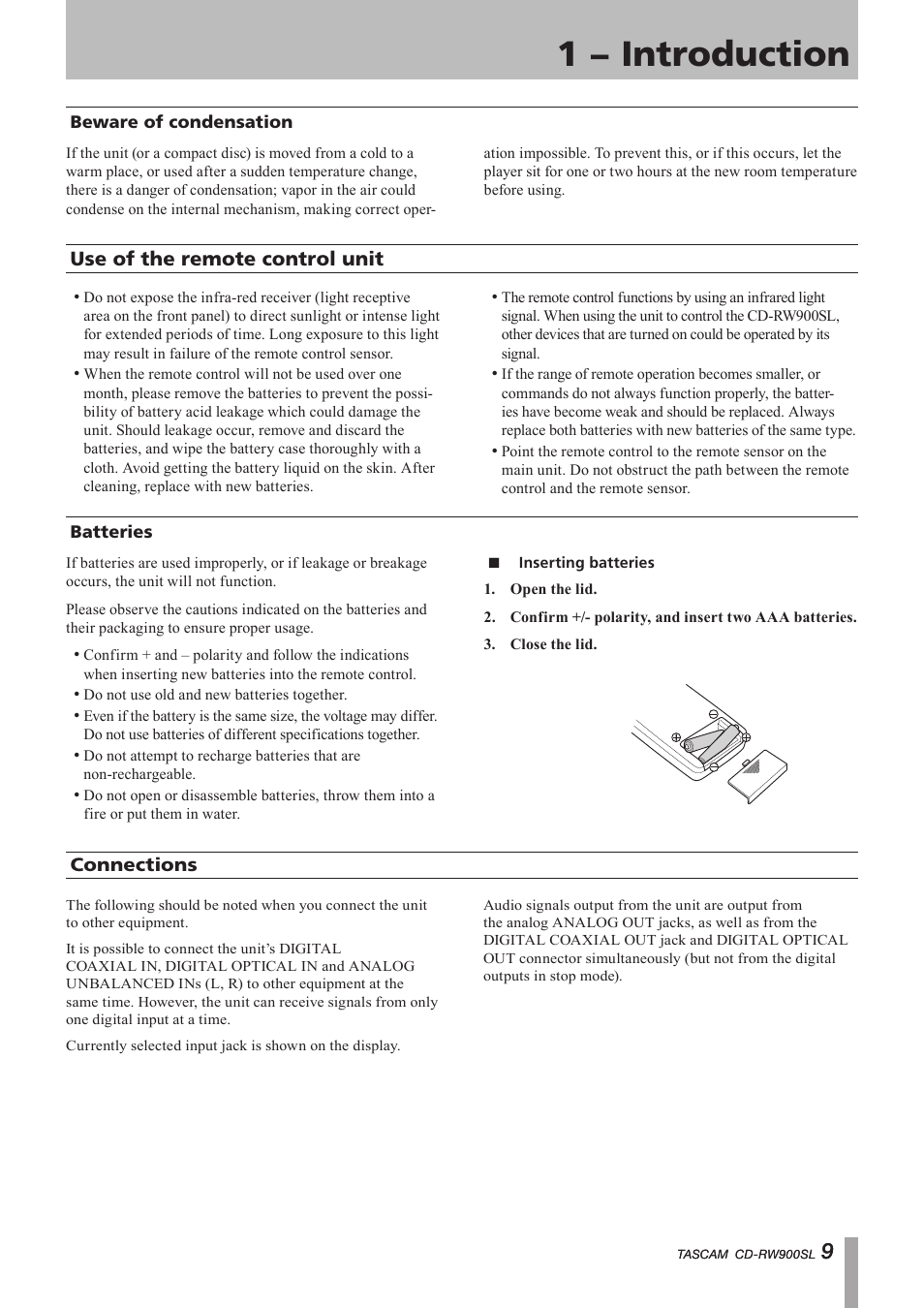 Beware of condensation, Use of the remote control unit, Batteries | Inserting batteries, Connections, 1 − introduction, Important safety instructions | Paso Sound PCDRW900SL User Manual | Page 9 / 36