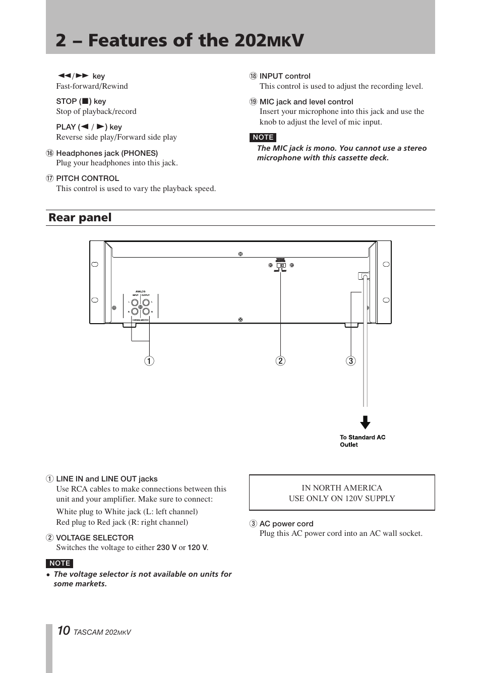 Rear panel, Important safety precautions, 2 − features of the 202 | Paso Sound P202MKV User Manual | Page 10 / 28