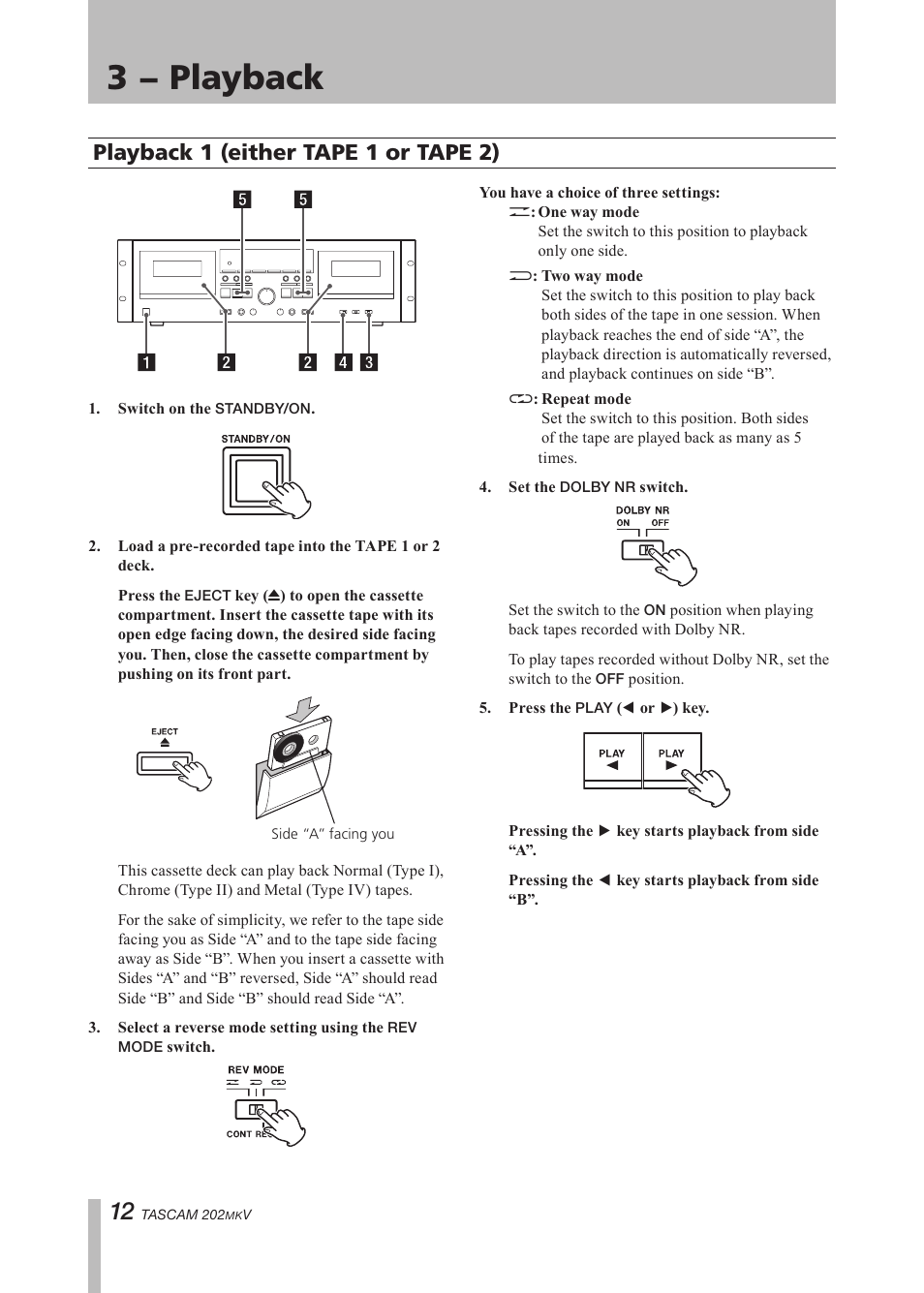 3 − playback, Playback 1 (either tape i or tape ii), Playback 1 (either tape 1 or | Tape 2), Important safety precautions, Playback 1 (either tape 1 or tape 2) | Paso Sound P202MKV User Manual | Page 12 / 28