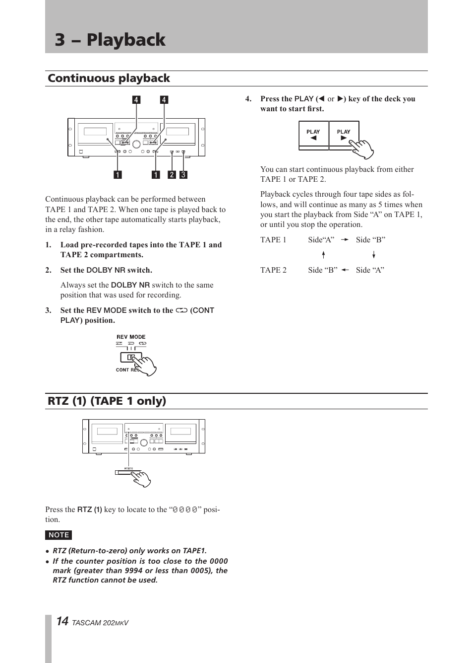 Continuous playback, Continuous playback rtz (tape 1 only), Important safety precautions | 3 − playback, Continuous playback rtz (1) (tape 1 only) | Paso Sound P202MKV User Manual | Page 14 / 28