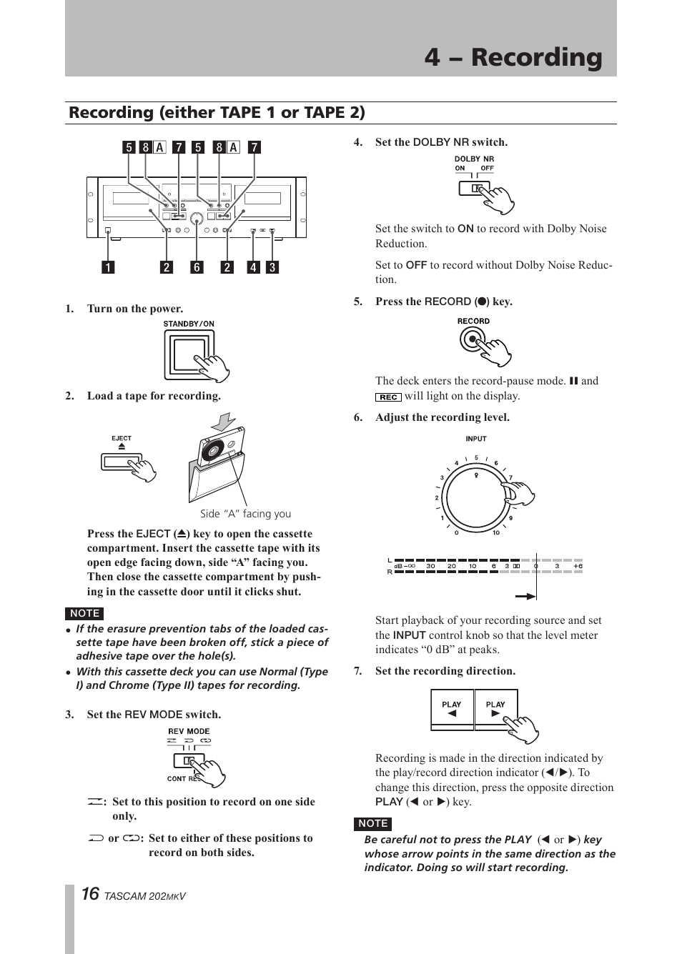 4 − recording, Recording (either tape i or tape ii), Recording (either tape 1 or | Tape 2), Important safety precautions, Recording (either tape 1 or tape 2) | Paso Sound P202MKV User Manual | Page 16 / 28