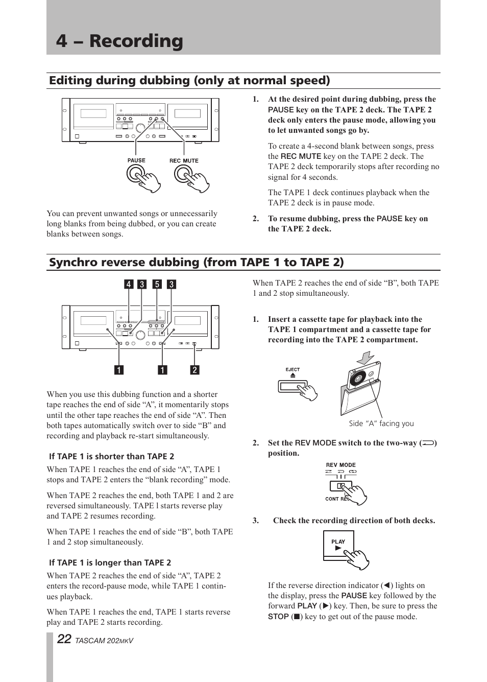 Editing during dubbing (only at normal speed), Synchro reverse dubbing (from tape i to tape ii), Editing during dubbing (only at | Normal speed), Synchro reverse dubbing (from, Tape 1 to tape 2), Important safety precautions, 4 − recording, Synchro reverse dubbing (from tape 1 to tape 2) | Paso Sound P202MKV User Manual | Page 22 / 28