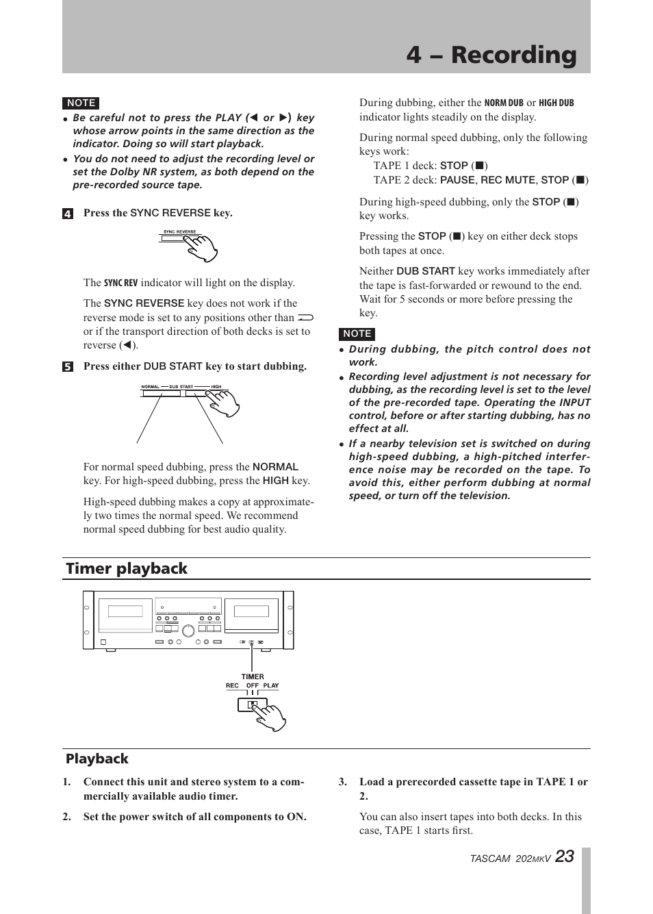 Timer playback, Playback, Important safety instructions | 4 − recording | Paso Sound P202MKV User Manual | Page 23 / 28