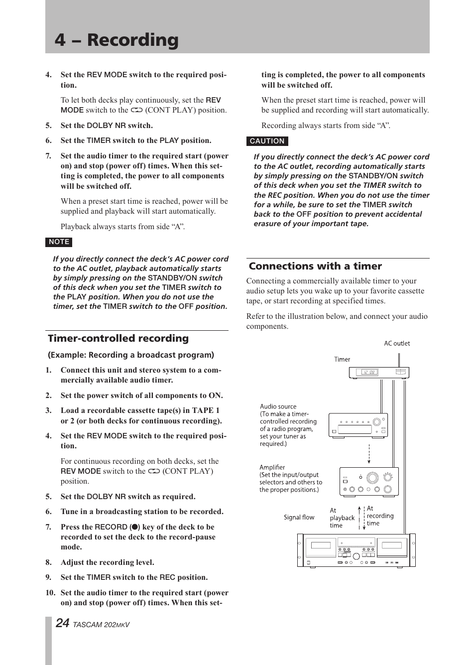 Connections, Timer-controlled recording, Connections with a timer | Important safety precautions, 4 − recording | Paso Sound P202MKV User Manual | Page 24 / 28