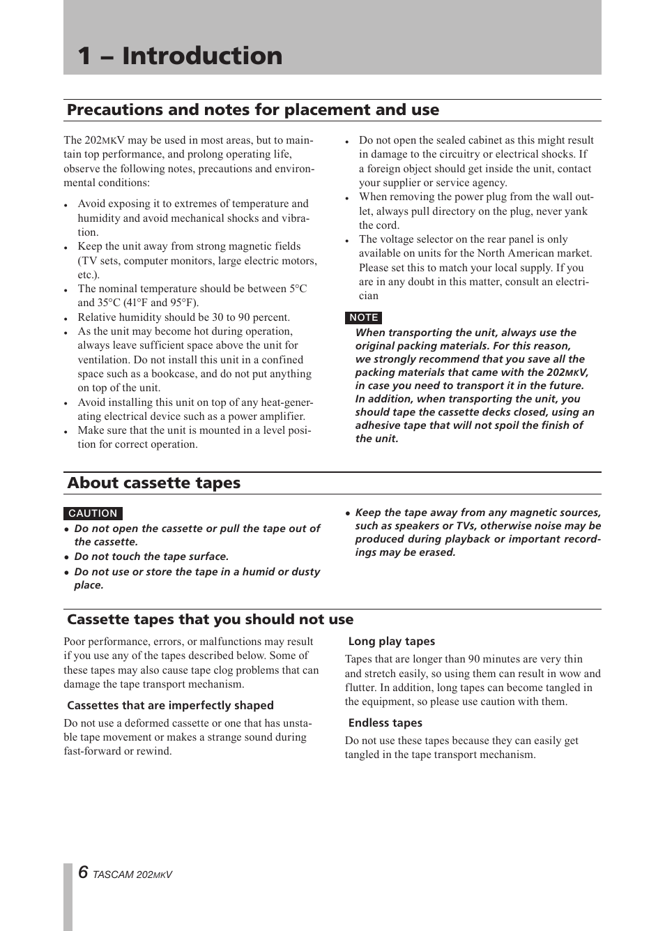 Precautions and notes for placement and use, About cassette tapes, Cassette tapes that you should not use | Precautions and notes for place, Ment and use, Cassette tapes that you should not, Important safety precautions, 1 − introduction | Paso Sound P202MKV User Manual | Page 6 / 28