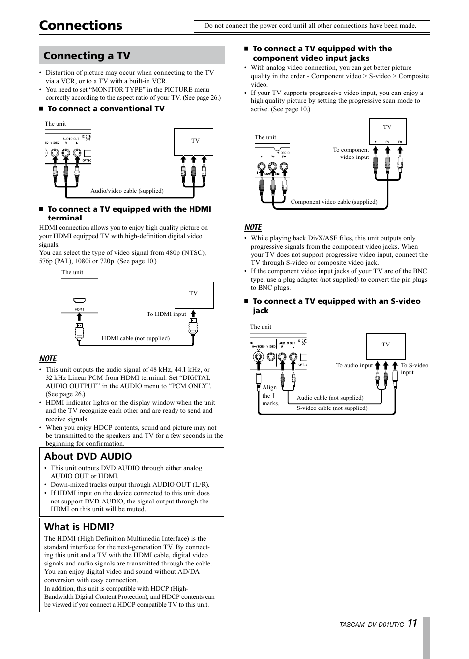 Connections, Connecting a tv, To connect a conventional tv | To connect a tv equipped with the hdmi terminal, To connect a tv equipped with an s-video jack, About dvd audio, What is hdmi | Paso Sound PDVD01U User Manual | Page 11 / 44