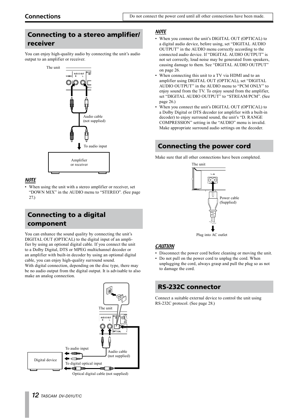 Connecting to a stereo amplifier/receiver, Connecting to a digital component, Connecting the power cord | Rs-232c connector, Connecting to a stereo amplifier/ receiver, Connections | Paso Sound PDVD01U User Manual | Page 12 / 44