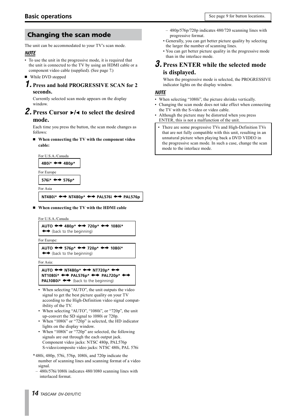 Changing the scan mode, Press cursor, Press enter while the selected mode is displayed | Basic operations | Paso Sound PDVD01U User Manual | Page 14 / 44
