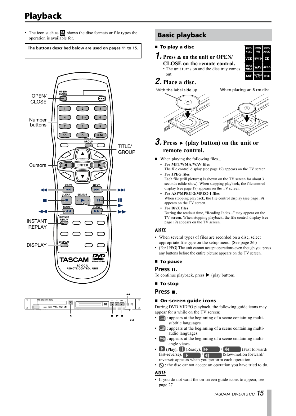 Playback, Basic playback, To play a disc | To pause, To stop, On-screen guide icons, Place a disc, Press, Play button) on the unit or remote control | Paso Sound PDVD01U User Manual | Page 15 / 44