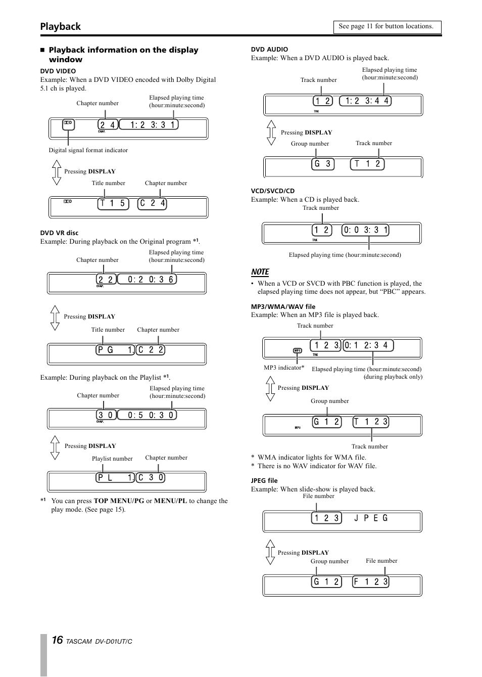 Playback information on the display window, Playback | Paso Sound PDVD01U User Manual | Page 16 / 44