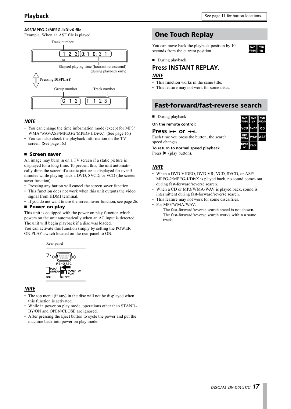 Screen saver, Power on play, One touch replay | Fast-forward/fast-reverse search, Press instant replay, Press, Playback | Paso Sound PDVD01U User Manual | Page 17 / 44