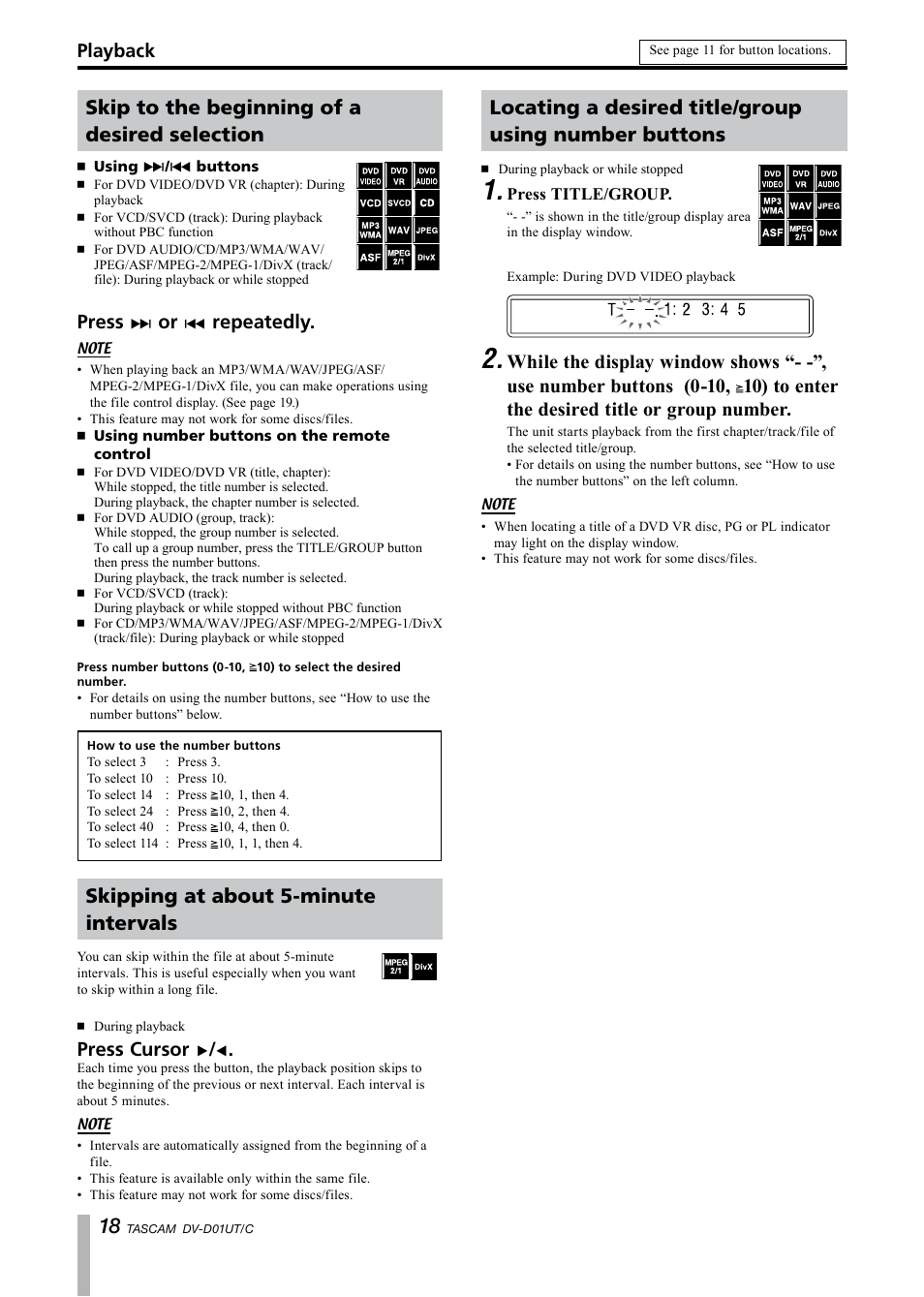 Skip to the beginning of a desired selection, Using ≤/µ buttons, Using number buttons on the remote control | Skipping at about 5-minute intervals, Press, Repeatedly, Press cursor, Playback | Paso Sound PDVD01U User Manual | Page 18 / 44