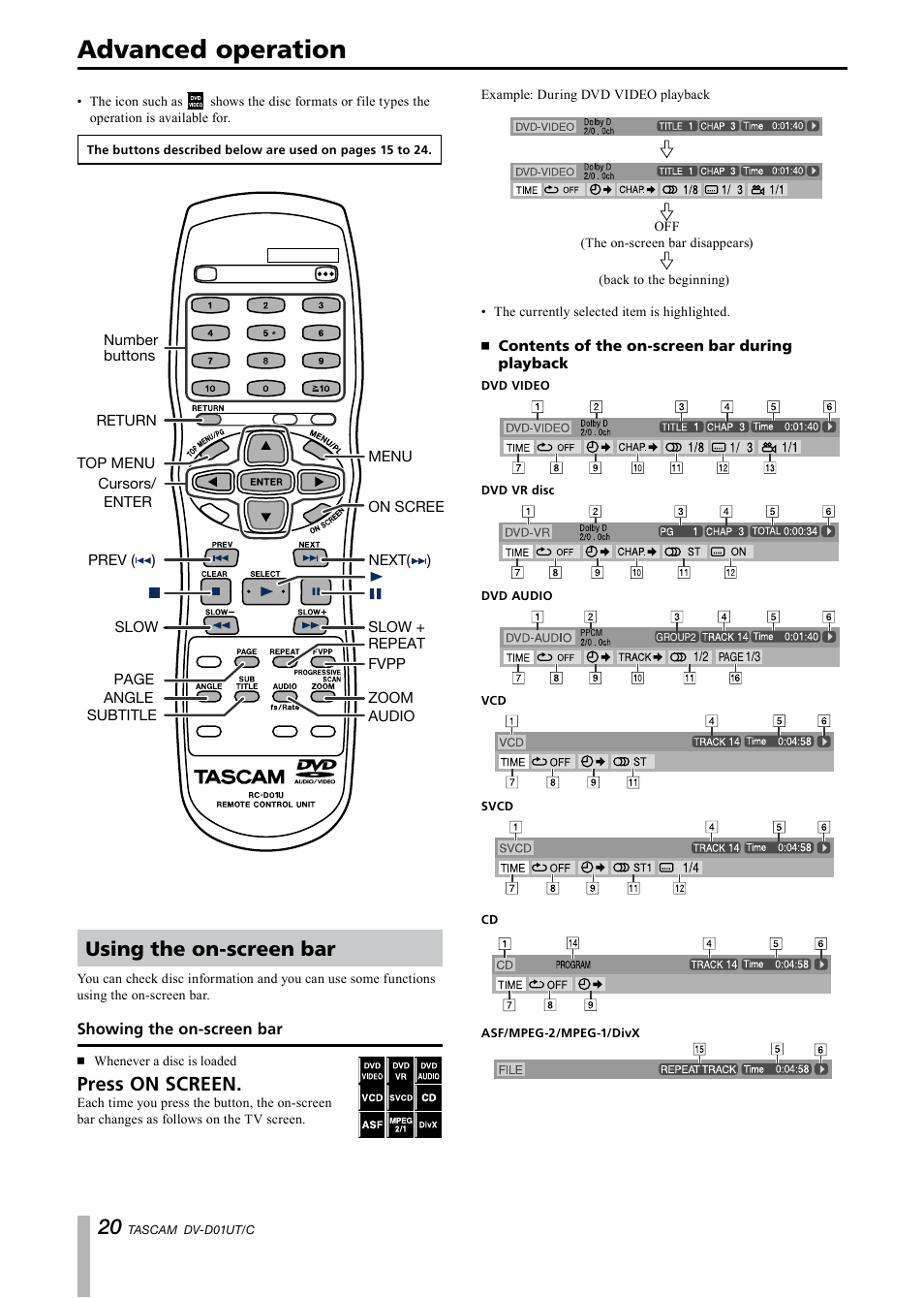 Advanced operation, Using the on-screen bar, Showing the on-screen bar | Contents of the on-screen bar during playback, Press on screen | Paso Sound PDVD01U User Manual | Page 20 / 44