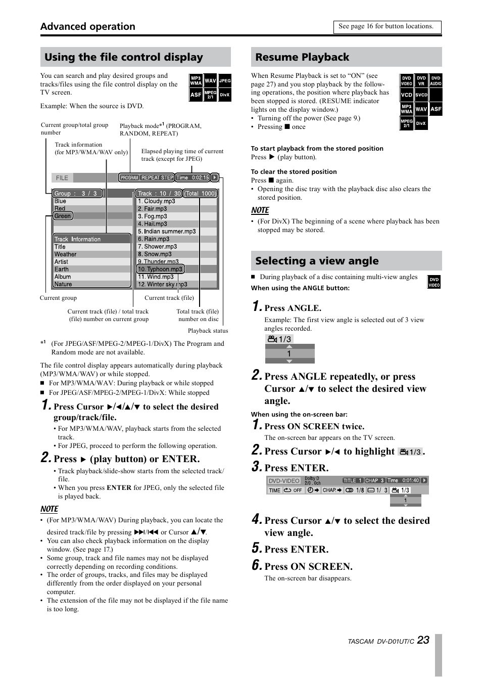 Using the file control display, Resume playback, Selecting a view angle | Press, Play button) or enter, Press angle repeatedly, or press cursor, Press cursor | Paso Sound PDVD01U User Manual | Page 23 / 44