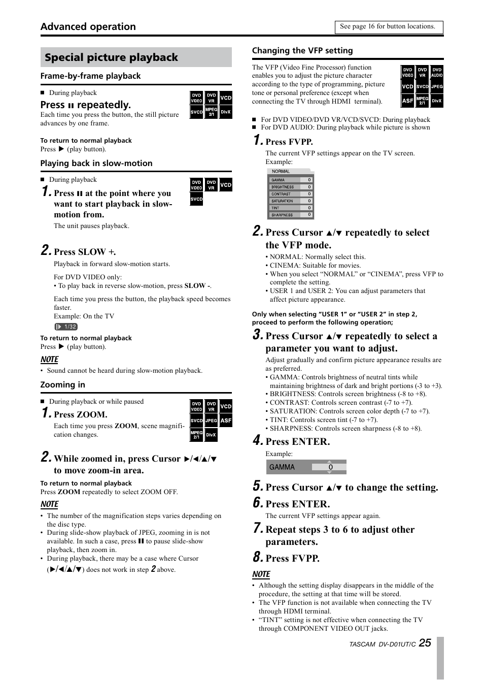 Special picture playback, Frame-by-frame playback, Playing back in slow-motion | Zooming in, Changing the vfp setting | Paso Sound PDVD01U User Manual | Page 25 / 44