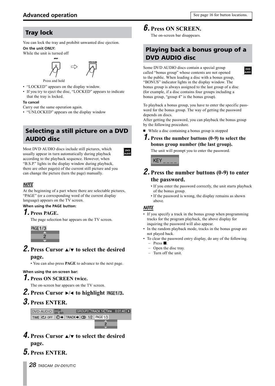 Tray lock, Selecting a still picture on a dvd audio disc, Playing back a bonus group of a dvd audio disc | Paso Sound PDVD01U User Manual | Page 28 / 44