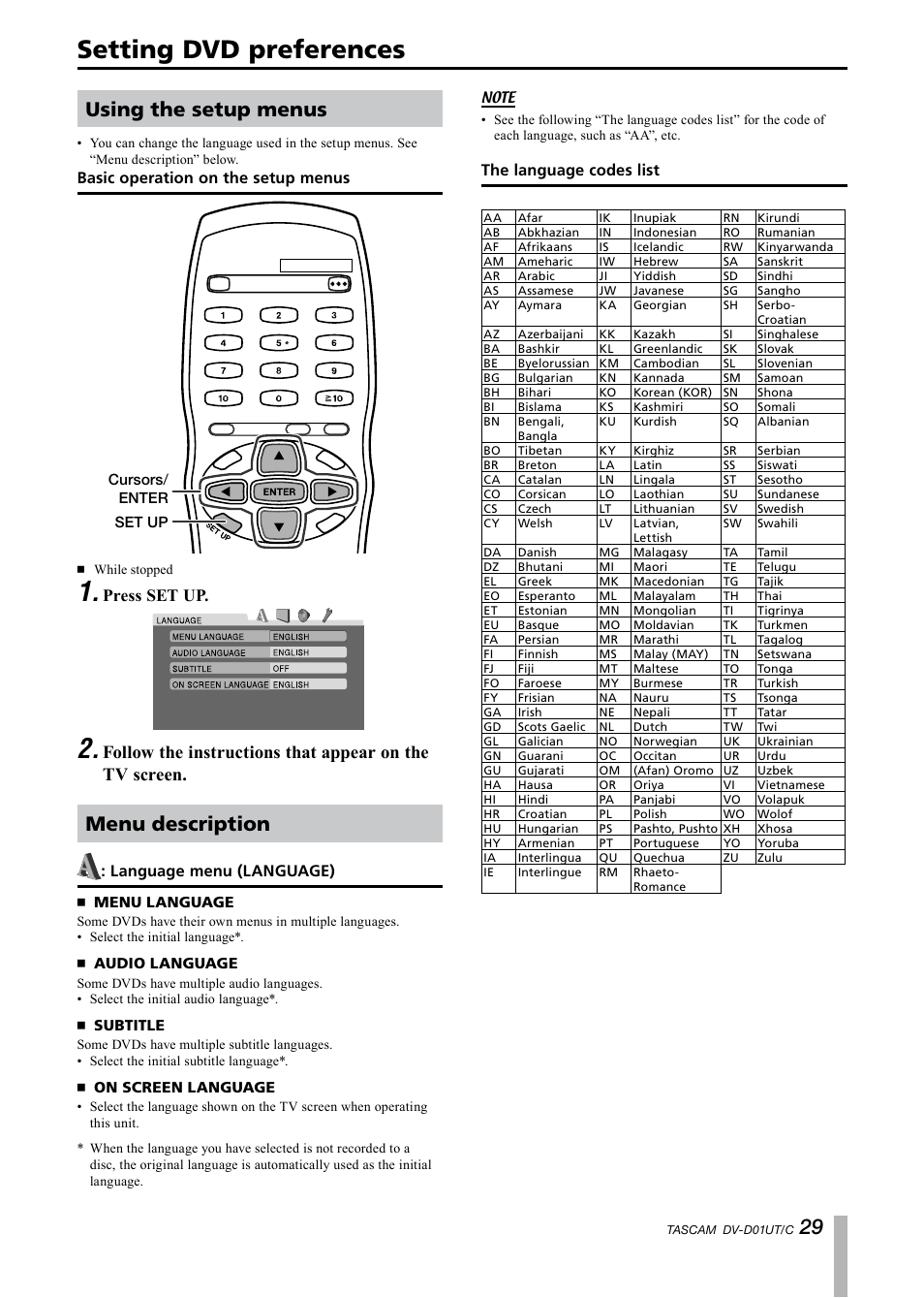 Setting dvd preferences, Using the setup menus, Basic operation on the setup menus | Menu description, Language menu (language), Menu language, Audio language, Subtitle, On screen language, The language codes list | Paso Sound PDVD01U User Manual | Page 29 / 44