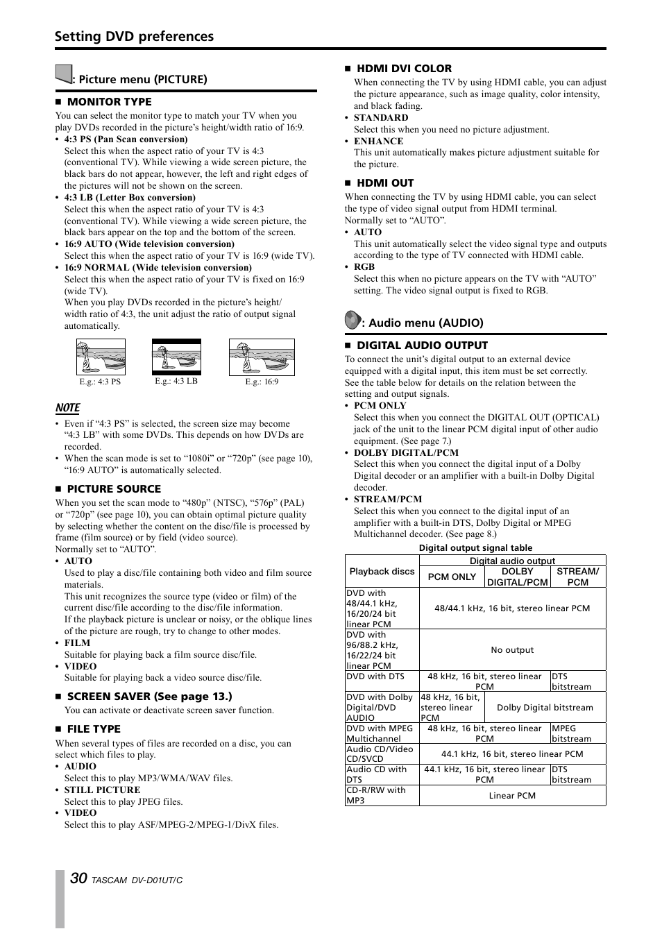 Picture menu (picture), Monitor type, Picture source | File type, Hdmi dvi color, Hdmi out, Audio menu (audio), Digital audio output, Setting dvd preferences | Paso Sound PDVD01U User Manual | Page 30 / 44