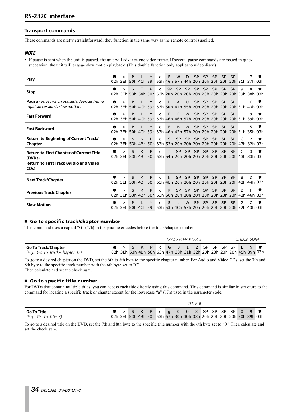 Transport commands, Go to specific track/chapter number, Go to specific title number | Rs-232c interface | Paso Sound PDVD01U User Manual | Page 34 / 44