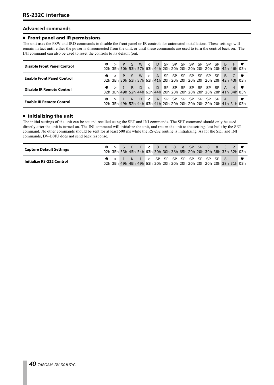 Advanced commands, Front panel and ir permissions, Initializing the unit | Rs-232c interface | Paso Sound PDVD01U User Manual | Page 40 / 44