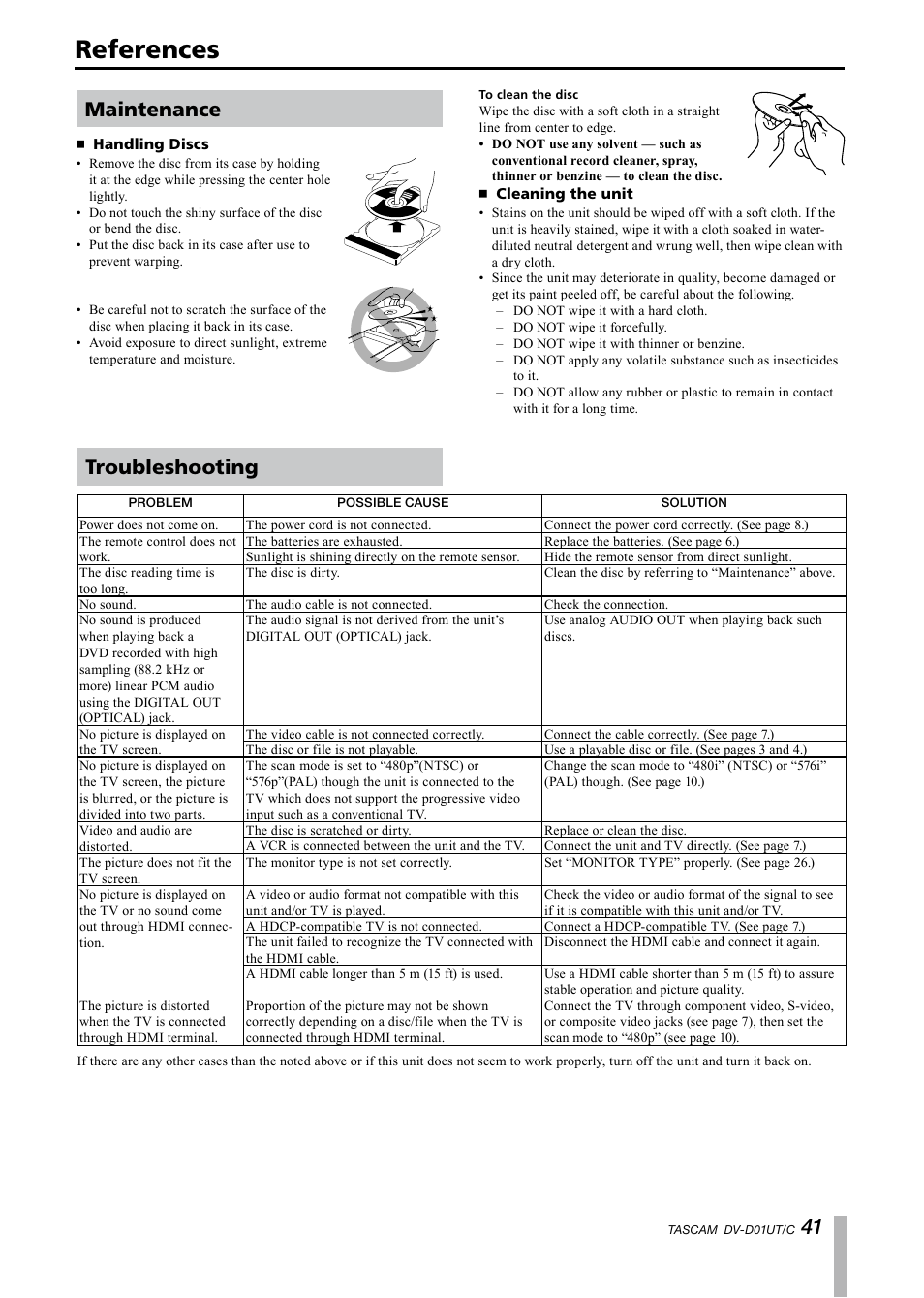 References, Maintenance, Handling discs | Cleaning the unit, Troubleshooting | Paso Sound PDVD01U User Manual | Page 41 / 44