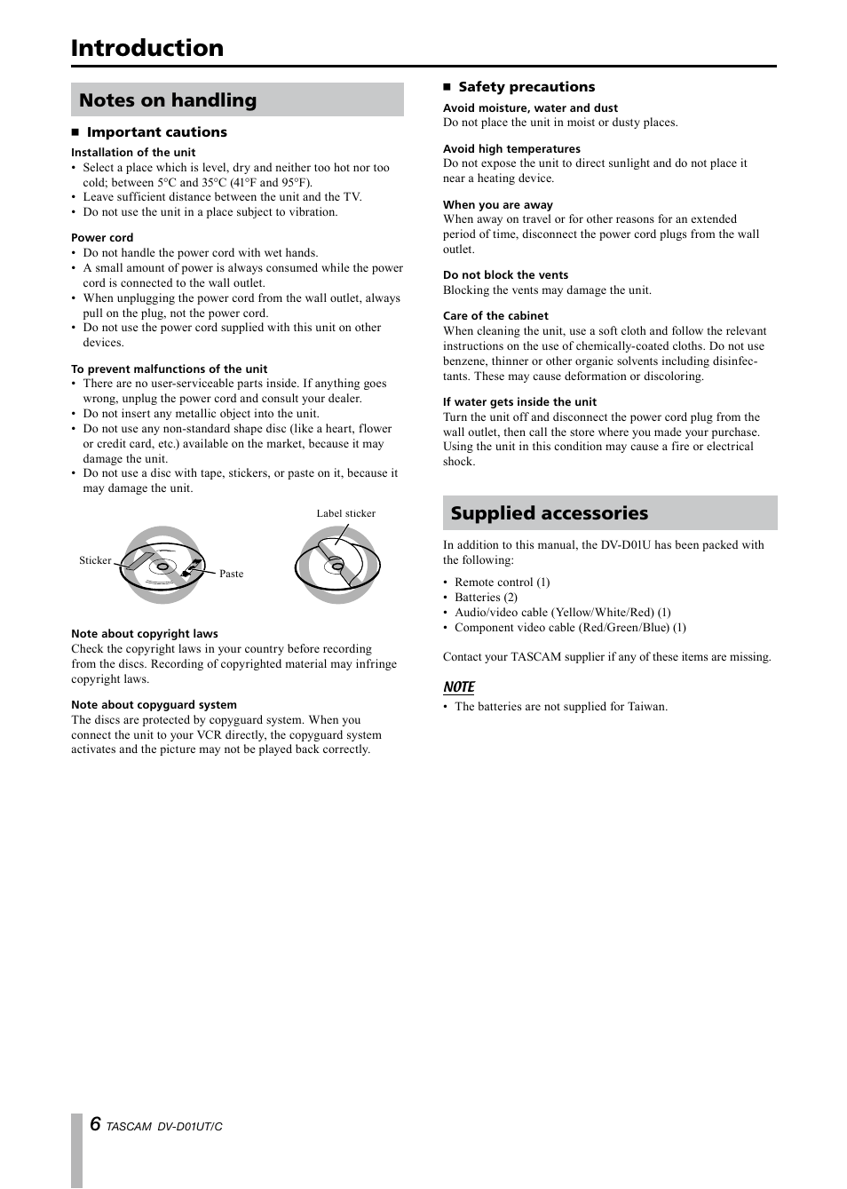 Introduction, Notes on handling, Important cautions | Safety precautions, Supplied accessories | Paso Sound PDVD01U User Manual | Page 6 / 44