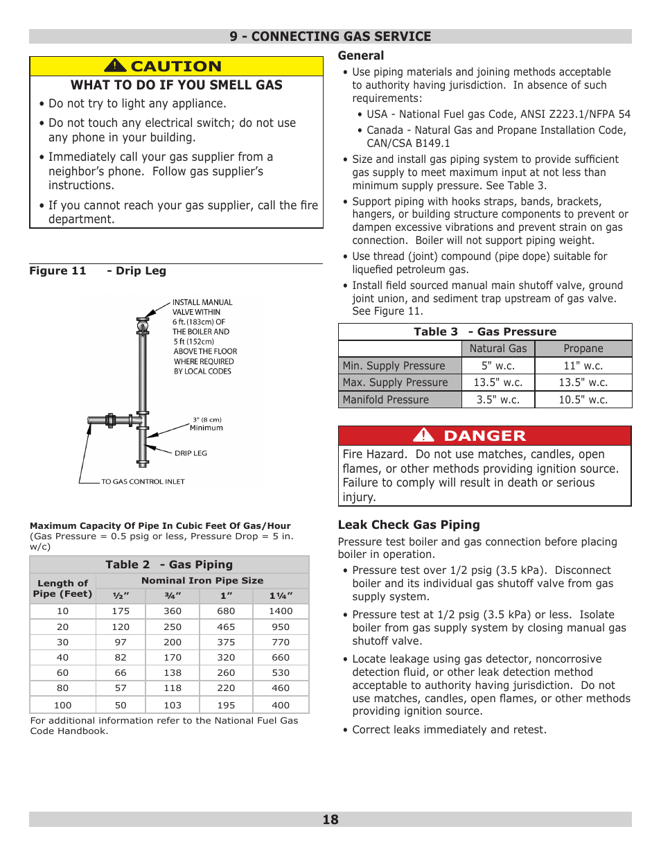 Caution, Danger, 18 9 - connecting gas service | What to do if you smell gas | Pennco 15B045FE User Manual | Page 18 / 32