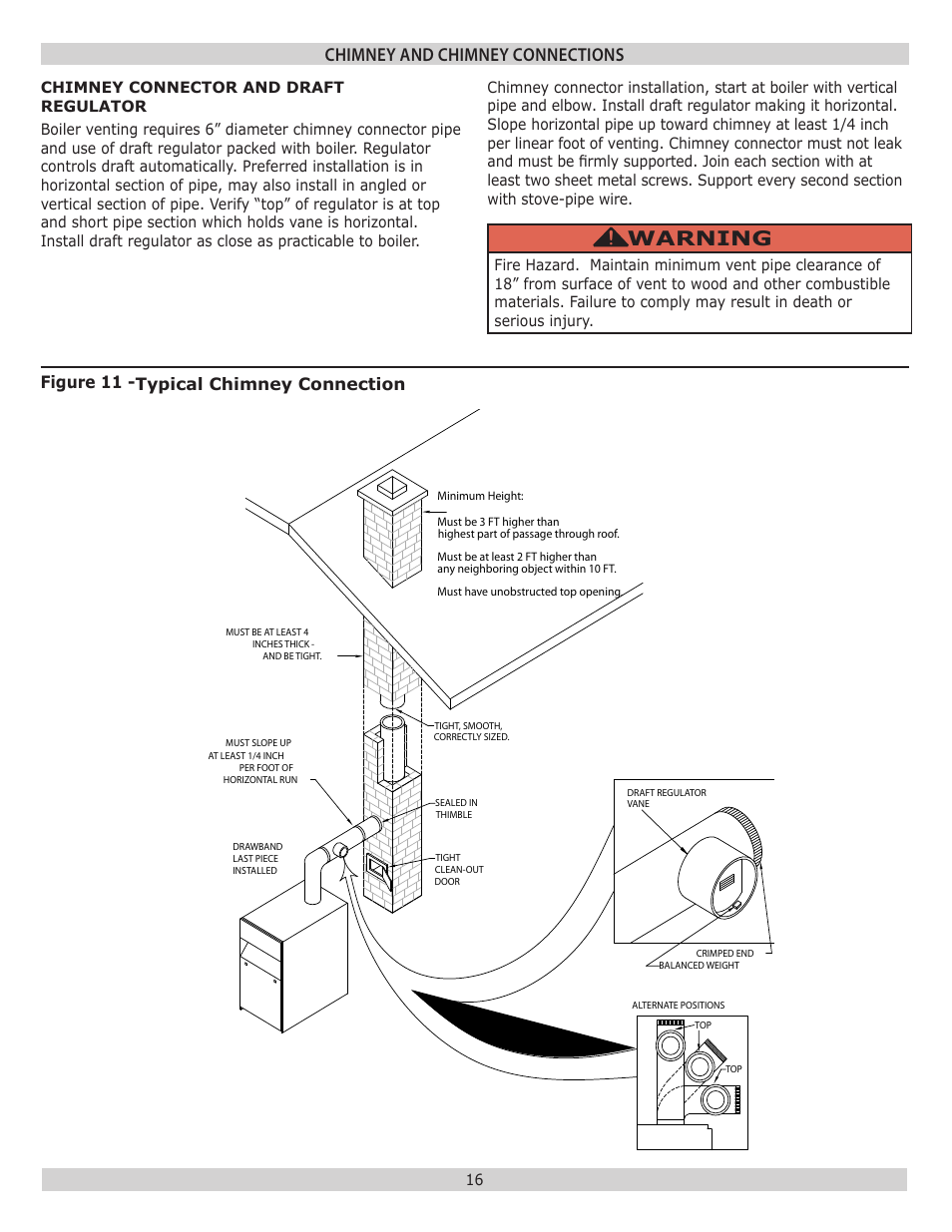 Typical chimney connection, Warning, Chimney and chimney connections | Figure 11 -typical chimney connection | Pennco 3KW0.60 User Manual | Page 16 / 32