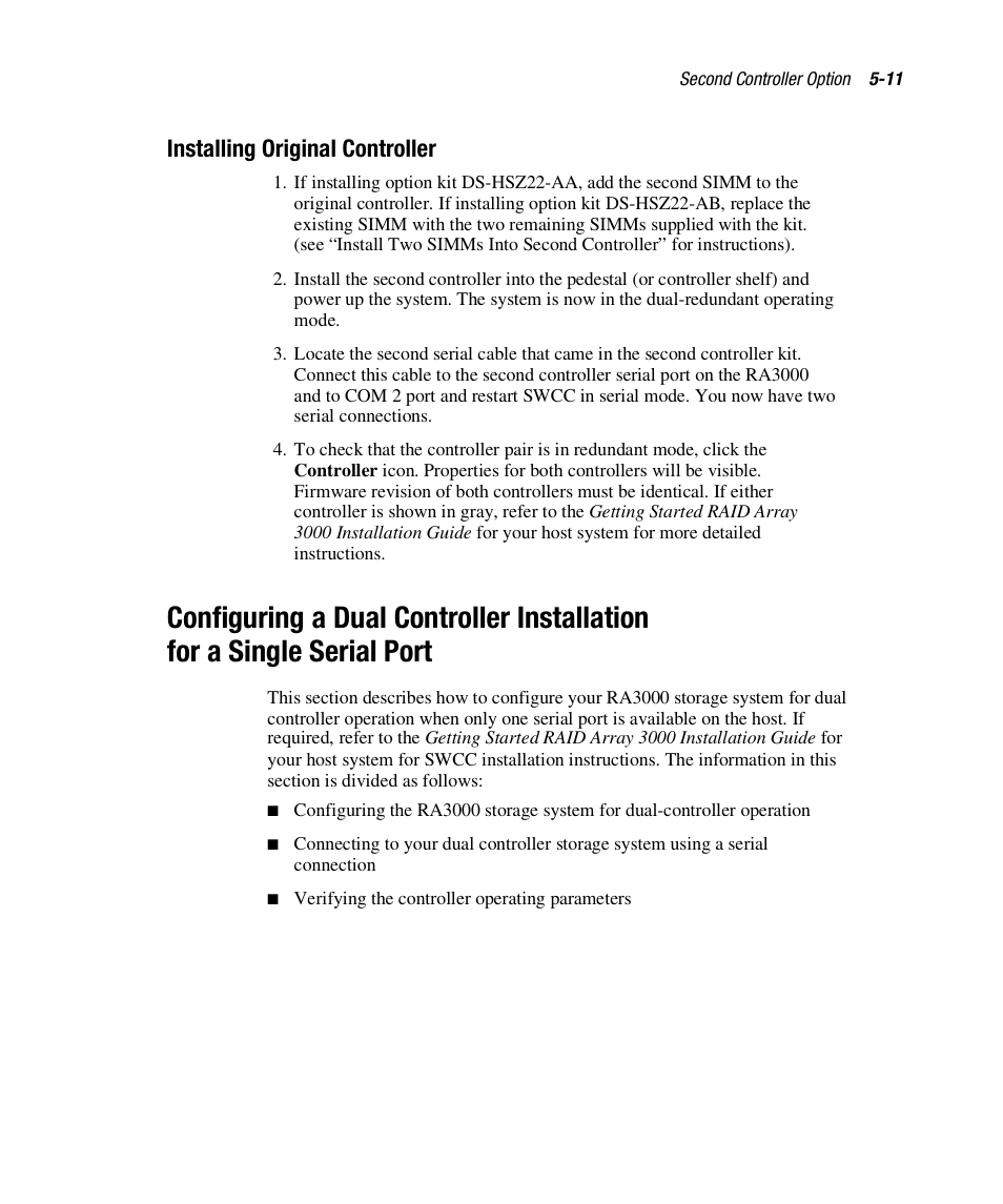 Installing original controller | Compaq RAID ARRAY 3000 EK-SMCPO-UG. C01 User Manual | Page 107 / 112