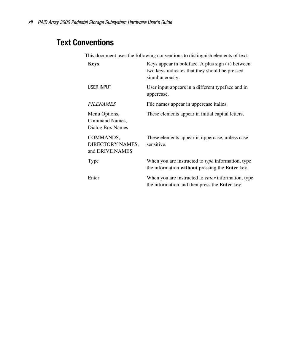 Text conventions | Compaq RAID ARRAY 3000 EK-SMCPO-UG. C01 User Manual | Page 12 / 112