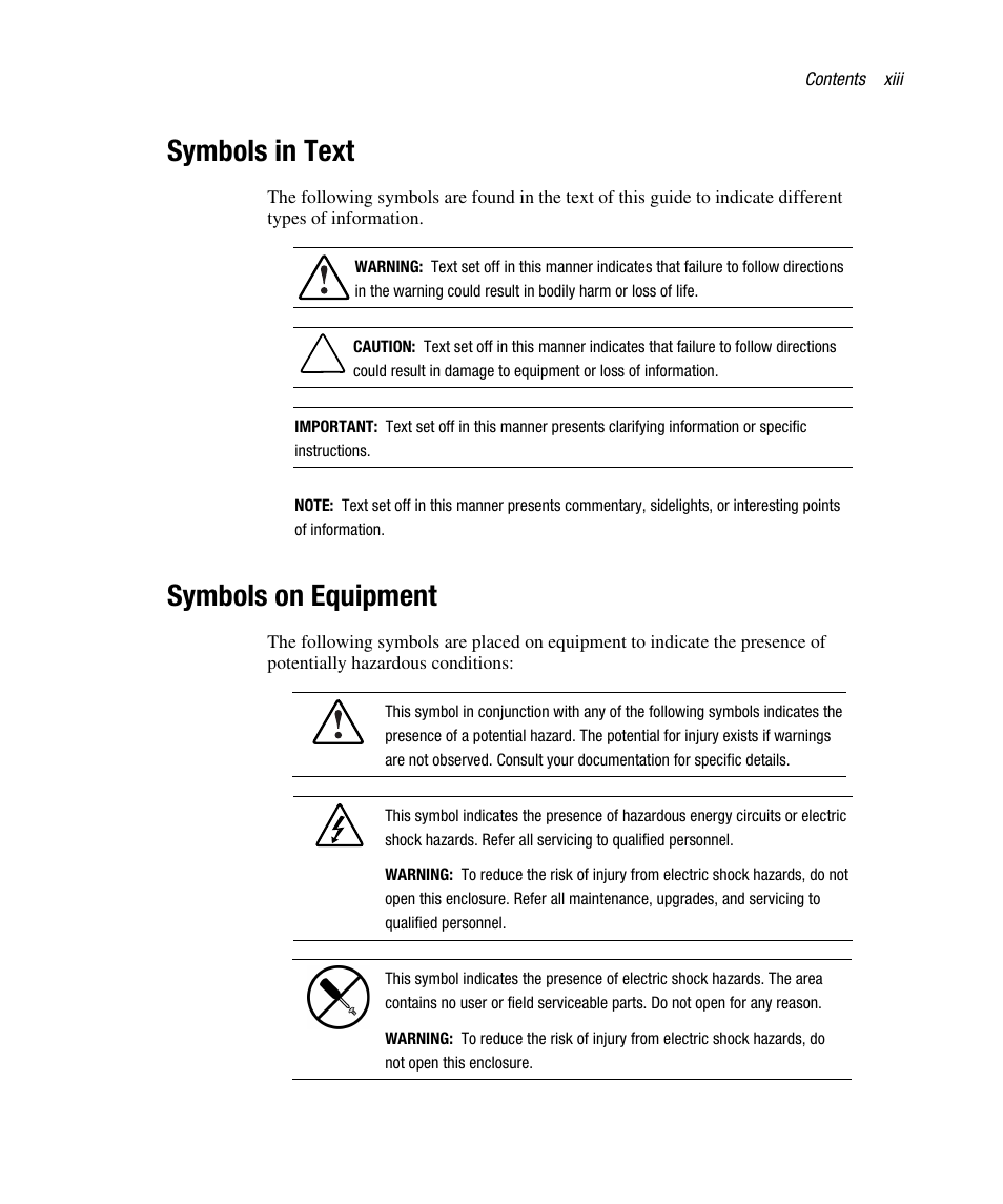 Symbols in text, Symbols on equipment | Compaq RAID ARRAY 3000 EK-SMCPO-UG. C01 User Manual | Page 13 / 112