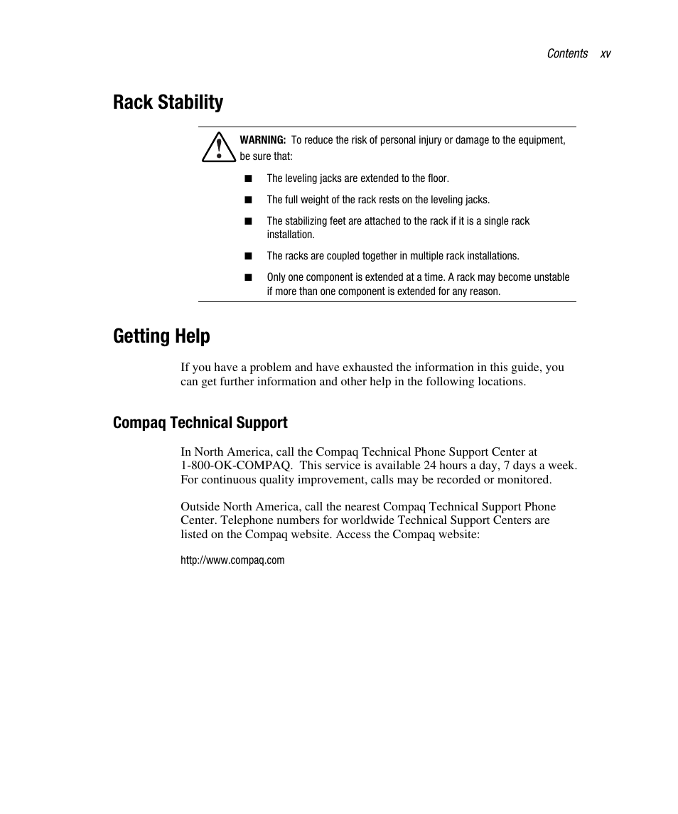 Rack stability, Getting help, Compaq technical support | Compaq RAID ARRAY 3000 EK-SMCPO-UG. C01 User Manual | Page 15 / 112
