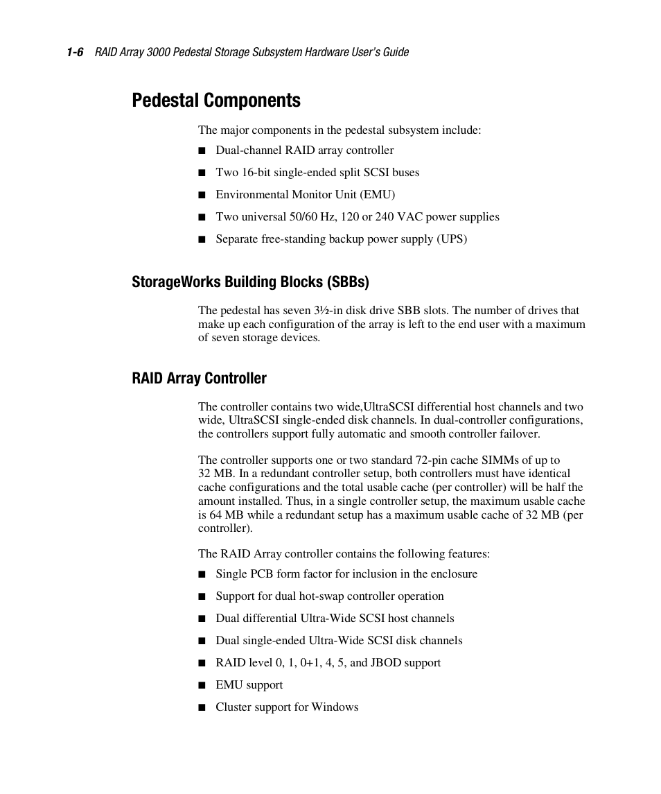Pedestal components, Storageworks building blocks (sbbs), Raid array controller | Compaq RAID ARRAY 3000 EK-SMCPO-UG. C01 User Manual | Page 22 / 112