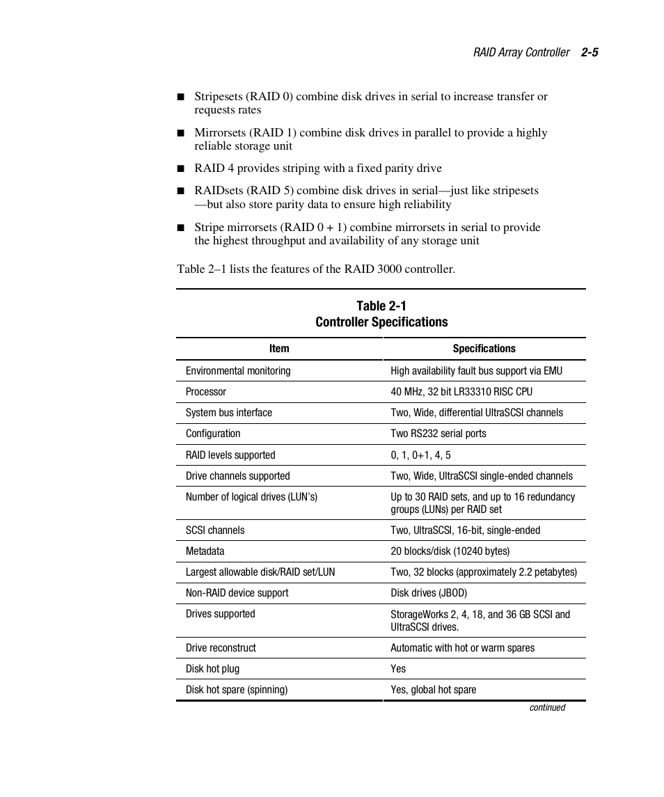 Table 2-1 controller specifications | Compaq RAID ARRAY 3000 EK-SMCPO-UG. C01 User Manual | Page 39 / 112