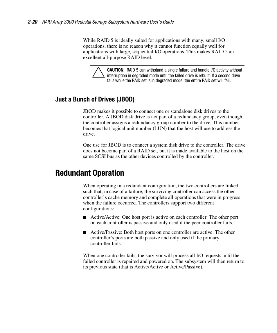 Redundant operation, Just a bunch of drives (jbod) | Compaq RAID ARRAY 3000 EK-SMCPO-UG. C01 User Manual | Page 54 / 112
