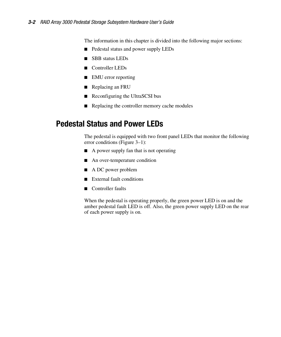 Pedestal status and power leds | Compaq RAID ARRAY 3000 EK-SMCPO-UG. C01 User Manual | Page 62 / 112
