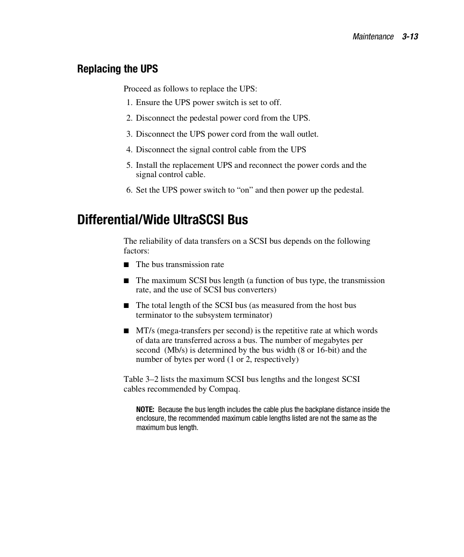 Differential/wide ultrascsi bus, Replacing the ups | Compaq RAID ARRAY 3000 EK-SMCPO-UG. C01 User Manual | Page 73 / 112