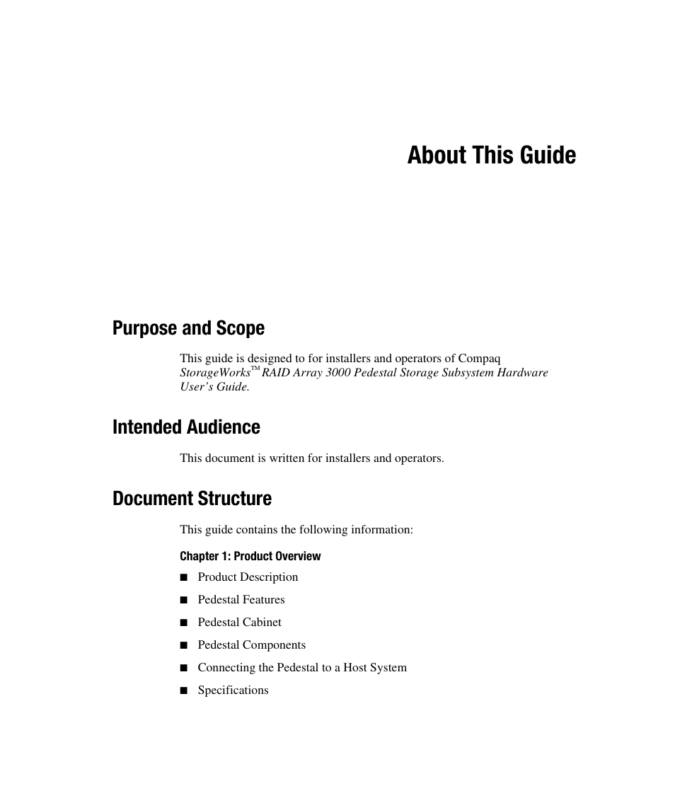 About this guide, Purpose and scope, Intended audience | Document structure | Compaq RAID ARRAY 3000 EK-SMCPO-UG. C01 User Manual | Page 9 / 112