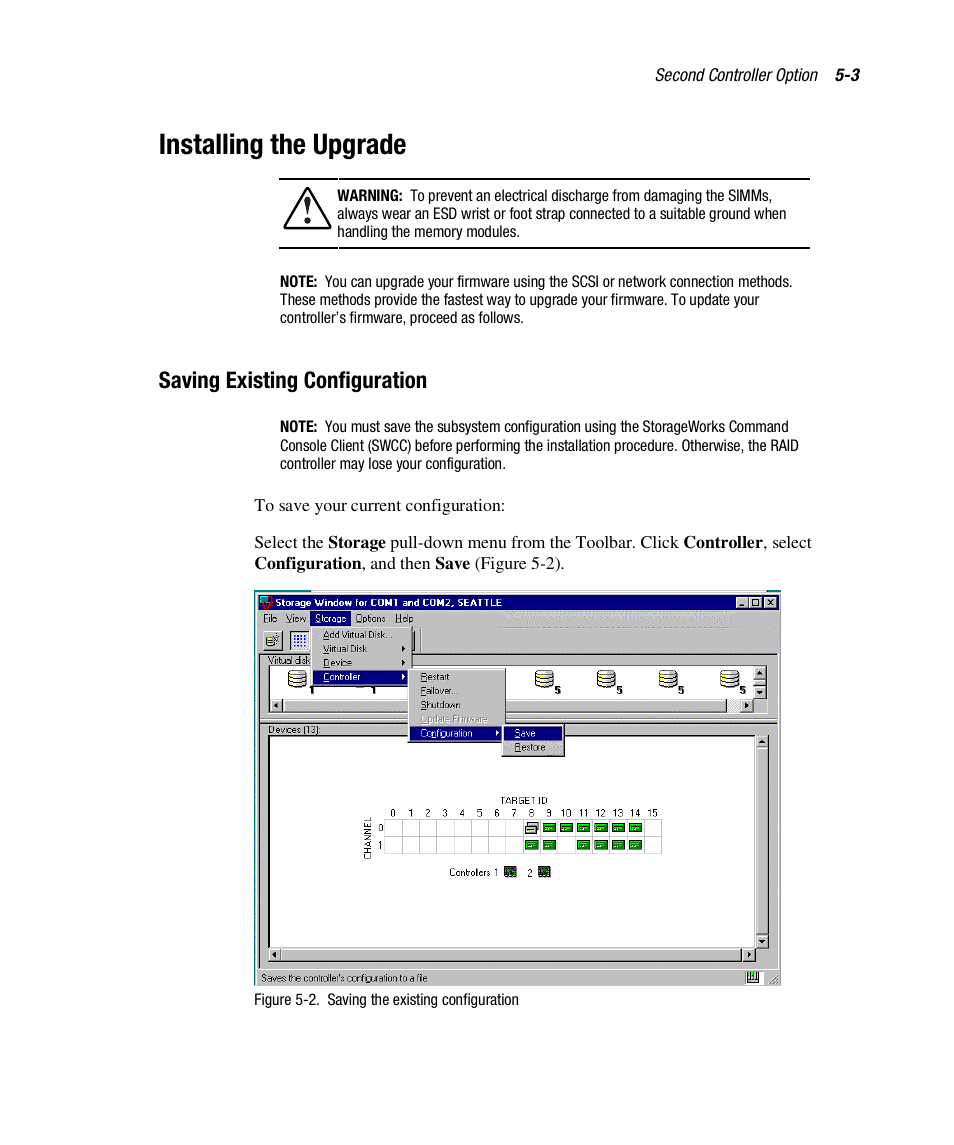 Installing the upgrade, Saving existing configuration | Compaq RAID ARRAY 3000 EK-SMCPO-UG. C01 User Manual | Page 99 / 112