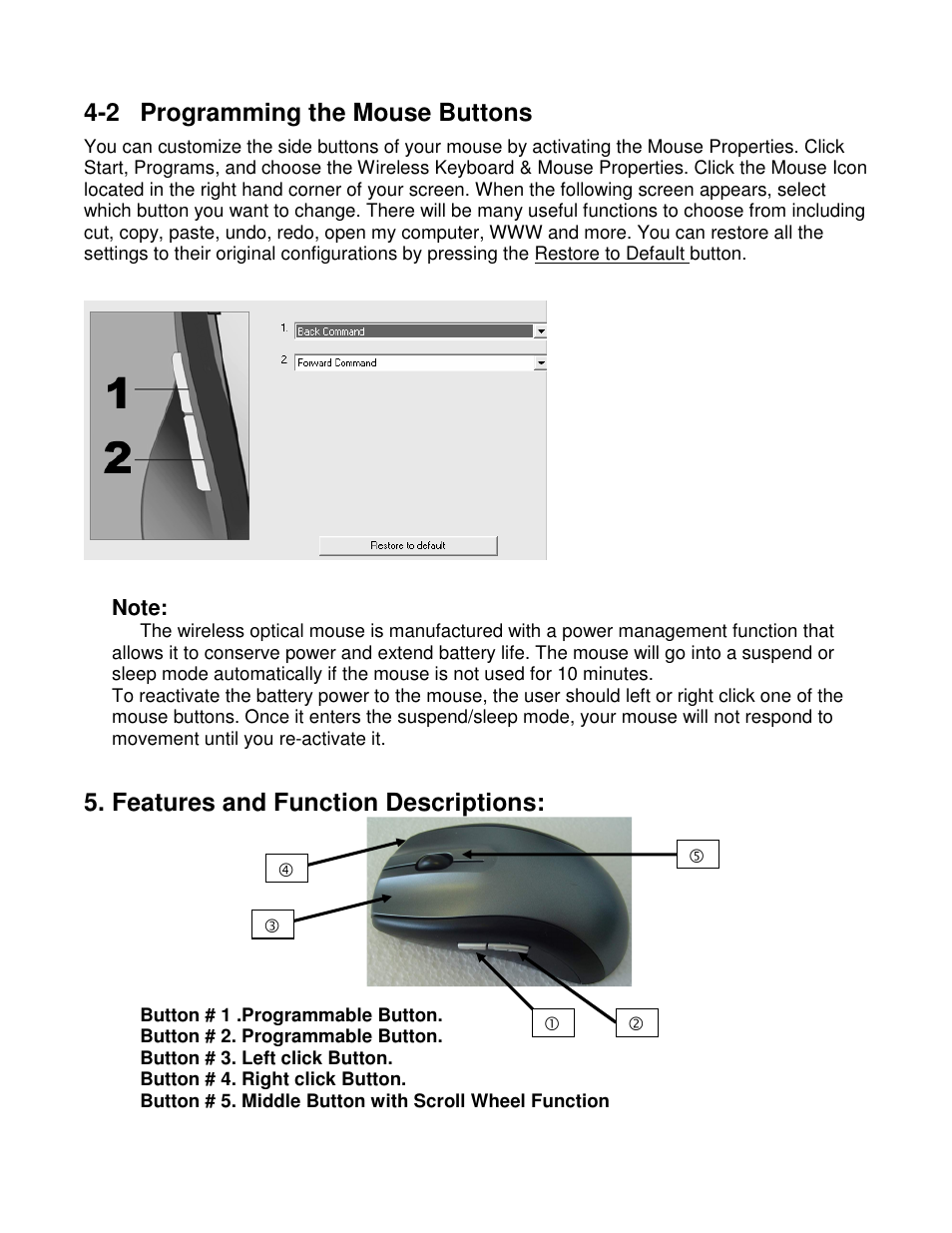 2 programming the mouse buttons, Features and function descriptions | Compaq 61000101 User Manual | Page 6 / 11