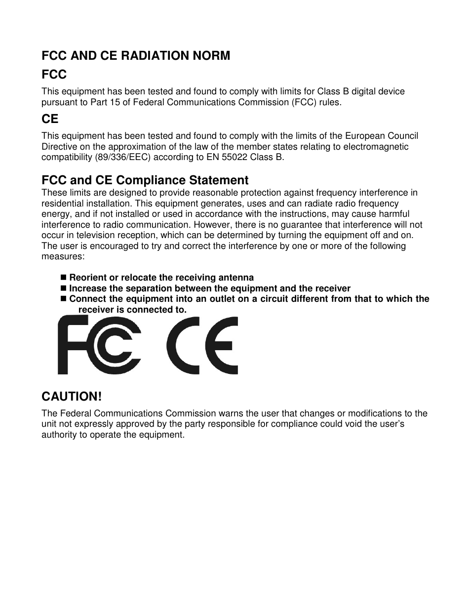 Fcc and ce radiation norm fcc, Fcc and ce compliance statement, Caution | Compaq 61000101 User Manual | Page 9 / 11