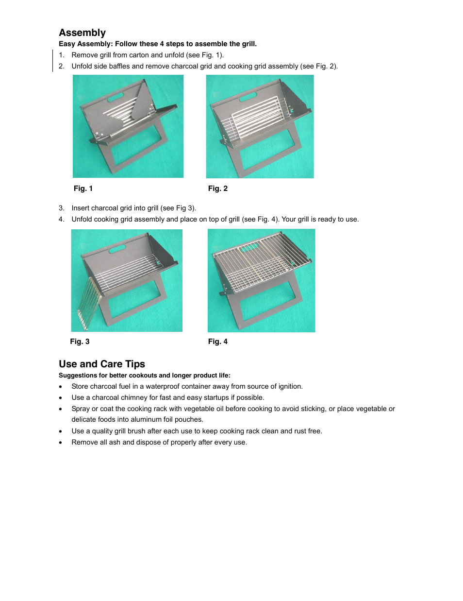 Assembly, Use and care tips | Permasteel PS-103 User Manual | Page 2 / 2