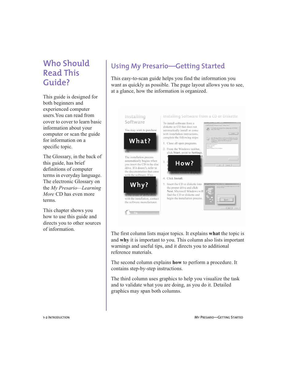 Who should read this guide, Using my presario—getting started, Who should read this guide? -2 | Using my presario, Getting started -2, Who should read this guide?, 1-2 | Compaq Presario User Manual | Page 11 / 96