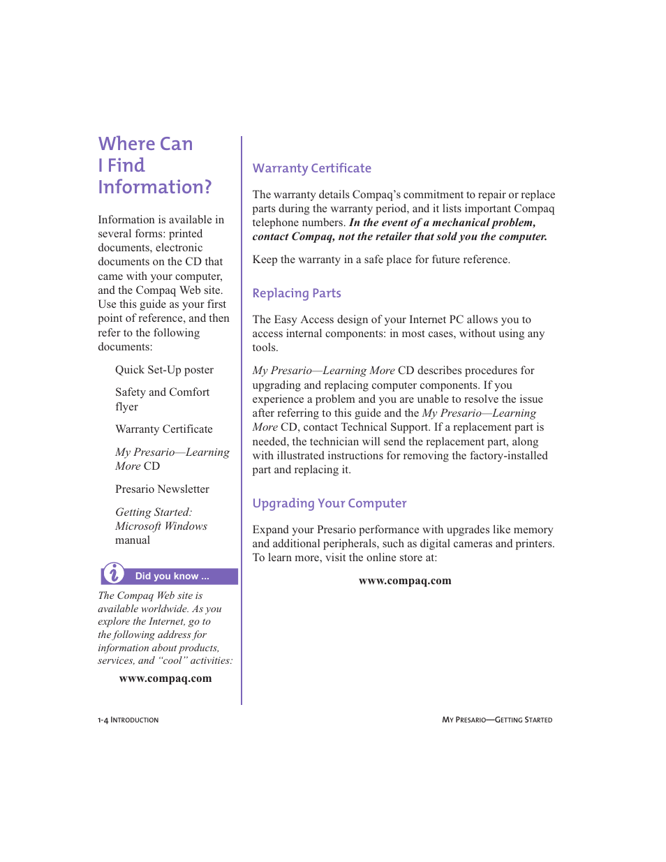 Where can i find information, Where can i find information? -4, Where can i find information?, 1-4 | Compaq Presario User Manual | Page 13 / 96