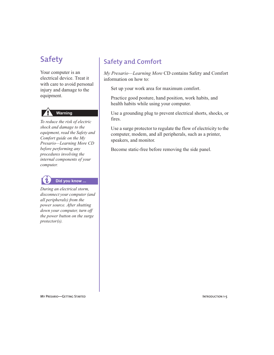 Safety, Safety and comfort, Safety -5 | Safety and comfort -5, Safety, 1-5 | Compaq Presario User Manual | Page 14 / 96