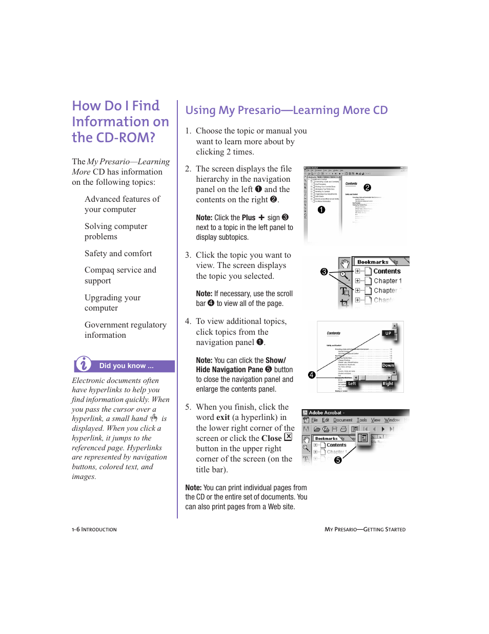 How do i find information on the cdrom, Using my presario—learning more cd, How do i find information on the cd-rom? -6 | Using my presario, Learning more cd -6, How do i find information on the cd-rom?, 1-6, How do i find information on the cd-rom | Compaq Presario User Manual | Page 15 / 96