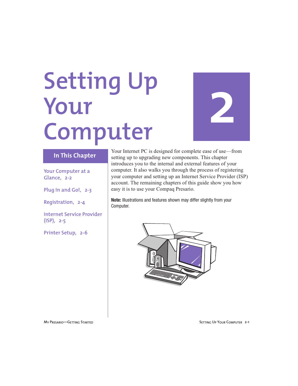 Setting up your computer, Chapter 2 setting up your computer -1 | Compaq Presario User Manual | Page 16 / 96
