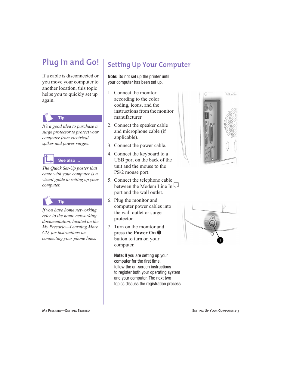 Plug in and go, Setting up your computer, Plug in and go! -3 | Setting up your computer -3, Understanding the system status lights -8, Plug in and go!, 2-3 | Compaq Presario User Manual | Page 18 / 96